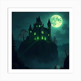 Haunted Castle With Eerie Green Lights, Perched On A Rocky Cliff Under A Full Moon 1 Art Print