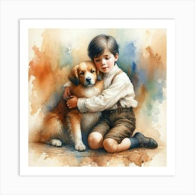 Boy Hugging Dog Art Print