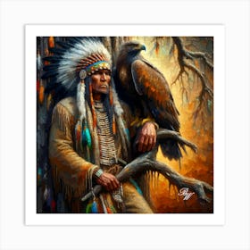 Oil Texture Native American Indian And Hawk Copy Art Print