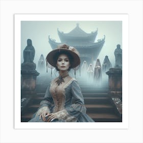 The Watchers 3/4 - (Beautiful woman  female classic ghosts scenic temple spectres memories dreams art AI Victorian mist fog)  Art Print