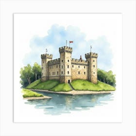 Watercolor Scene Of The Alnwick Castle In Northumberland, Featuring Its Grand Design And Scenic Backdrop Art Print