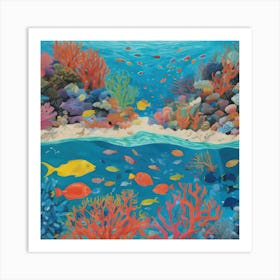 David Hockney Style: A Vibrant Coral Reef Teeming With Marine Life 3 Art Print