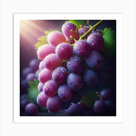"A close-up photograph of a bunch of ripe purple grapes, glistening with water droplets, captured in the dappled sunlight of a summer afternoon, with a shallow depth of field, and a painterly, almost surreal quality, reminiscent of the old masters. Art Print