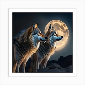 Two Wolves At The Moon Art Print