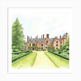 Watercolor View Of The Petworth House In West Sussex, Showcasing Its Grand Design And Beautiful Grounds Art Print