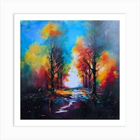 Autumn Forest, Autumn forest path. Orange color tree, red brown maple leaves in fall city park. Nature scene in sunset fog Wood in scenic scenery Bright light sun Sunrise of a sunny day, morning sunlight view, landscape art. Art Print