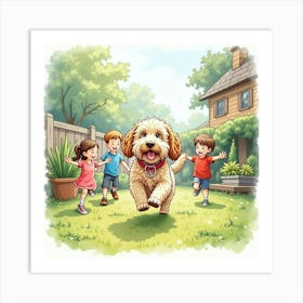 A Lively Cockapoo Playing In The Garden With Children, Watercolor 1 Art Print