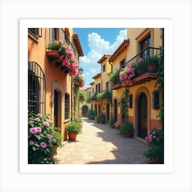 Spanish Village Alleyway With Blooming Flowers And Charming Architecture Art Print