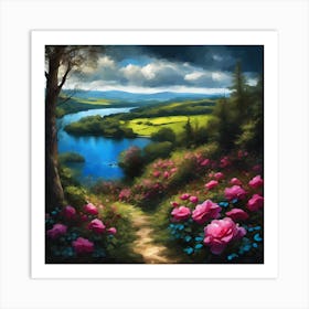 Pink Roses above the Lakeland Landscape Art Print