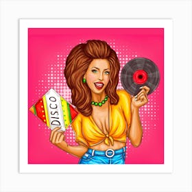 Pop Art Disco Girl with Vinyl Record Art Print