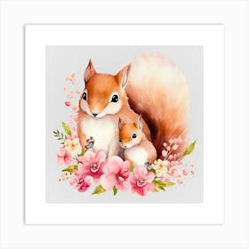 Watercolor Spring Mama and Baby Squirrels Art Print