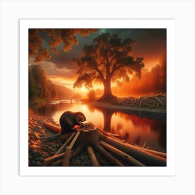 Beaver Building A River Dam Art Print