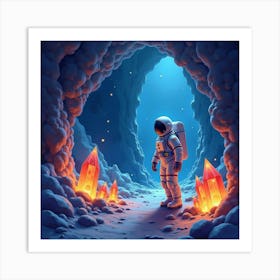 A Watercolor Astronaut Exploring A Cave Filled With Glowing Space Crystals 1 Art Print