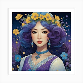 Asian Girl With Blue Hair Art Print