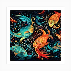 Goldfish On Black Background Art Print