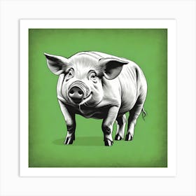 Flat Art Pencil Sketch Pig On Solid green Background Art Print