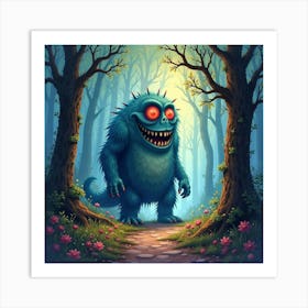 Monster In A Watercolor Enchanted Forest, Vibrant And Eerie 1 Art Print