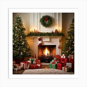 A Convivial Christmas Scene A Roaring Hearth Fireplace Illuminating The Room A Lush Evergreen Chri Art Print