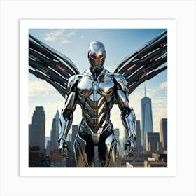 Futuristic Superhero Robot With Steel Wings Urban Background Cybernetic Enhancements With A High T Art Print