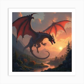 A Mighty Dragon Breathing Fire Over A Distant Village 1 Art Print