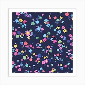 Ditsy Flowers Navy Square Art Print