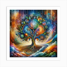 "Quantum Canopy" - This art piece is a stunning visual journey through the cosmos, blending natural elements with the mystical. A tree at the center symbolizes life, its branches reaching into a universe filled with celestial bodies, suggesting the interconnectedness of all things. The tree's roots anchor it amid swirling clouds, embodying stability amidst the chaos of creation. This work is an ode to the cosmic dance of existence, perfect for those who revel in the mystery of life and the beauty of the stars. The fusion of vibrant colors and cosmic imagery makes "Quantum Canopy" a transcendent addition to any space, inviting viewers to contemplate the larger tapestry of the universe. Art Print