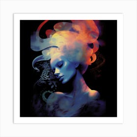 Abstract woman, blue and red art print. Cool and calming artwork. Feeling Blue Art Print