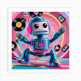 A Vibrant, Neon Lit Cartoon Style Animated Gif Featuring A Retro Futuristic Robot With Shiny Metallic Skin, Glowing Blue Circuits, And Neon Pink Accents, Busting Energetic Dance Moves (2) Art Print