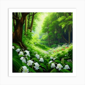 Forest Landscape With White Lilies Art Print