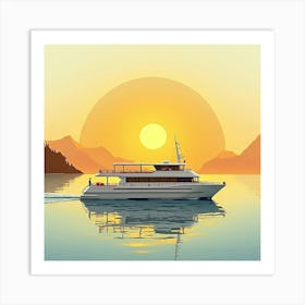 Modern Ferry Drifting In Watercolor Golden Sunset 1 Art Print