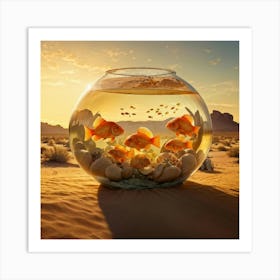 Elephant Sized Goldfish Swimming In A Colossal Fishbowl Center Of An Arid Desert Desert Cacti Spor Art Print