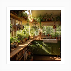 Green Kitchen With Potted Plants Art Print