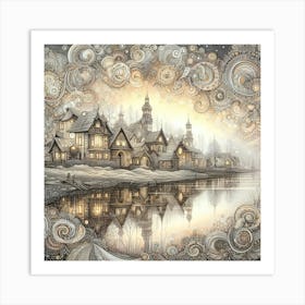 Village By The Lake River Art Print