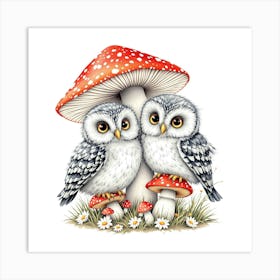 Two Gray Owlets On Red And White Mushrooms Art Print