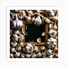 Garlic Frame On Wooden Background Art Print