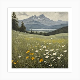 Vintage Oil Painting of Wild Flowers in a Meadow, Mountains in the Background 15 Art Print