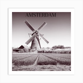 Windmill in a Field of Flowers, Black and White Photo, Wall Art Print Art Print