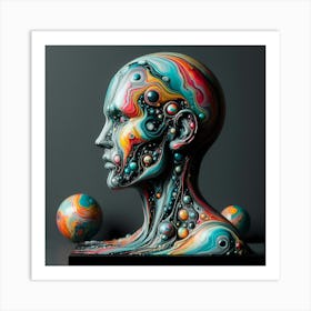 Abstract Human Head And Balls Sculpture In Float Colors Art Print