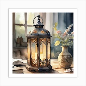 Lantern On A Table Poster