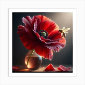 Bee And Red Poppy Art Print