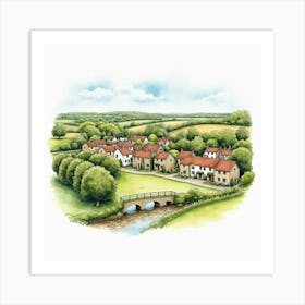 Watercolor Illustration Of The Great Tew In Oxfordshire, Showcasing Its Charming Village And Picturesque Countryside Art Print