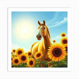 Horse In Sunflower Field 15 Art Print