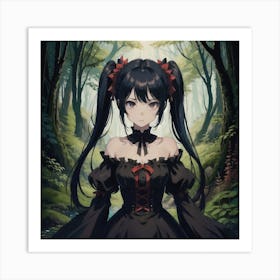 Enigmatic Darkness: A Girl With Black Twin Tails Wearing A Nightmarish Dress Stands Deep In The Forest, Casting A Sinister Gaze Art Print