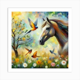 Horse And Birds Art Print