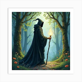 Black Magic Mage With An Enchanted Watercolor Forest 1 Art Print