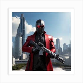 The Image Depicts A Man In A Black Suit And Helmet Standing In Front Of A Large, Modern Cityscape 3 Art Print