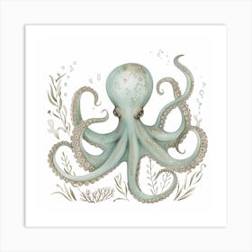 Cute Storybook Style Octopus With Plants 1 Art Print