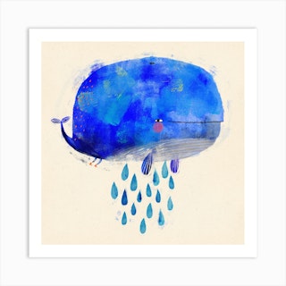 Flying Whale With Legs And Rainbow Rain Drops Square Art Print