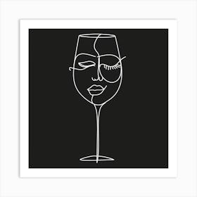 White One Line Art Drawing Of Abstract Wine Glass On Black Background Art Print