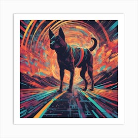 Dog Is Walking Down A Long Path, In The Style Of Bold And Colorful Graphic Design, David , Rainbowco Art Print